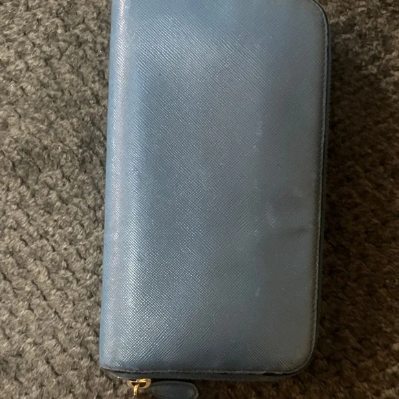 Prada Blue Saffiano Zip-Around Leather Wallet with Gold Logo